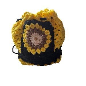 Handmade Crochet Drawstring Bag - Yellow and Black